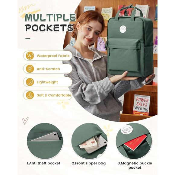 Green Nylon Small Backpack with Top Handles – Lightweight School & Travel Bag - Picture 5 of 6